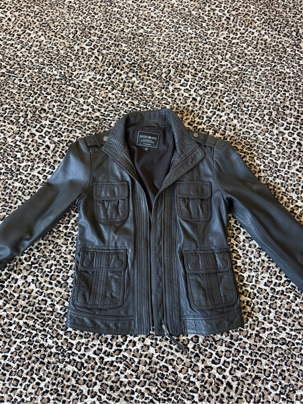 Lucky Brand Black Leather Field Jacket with Utility Pockets